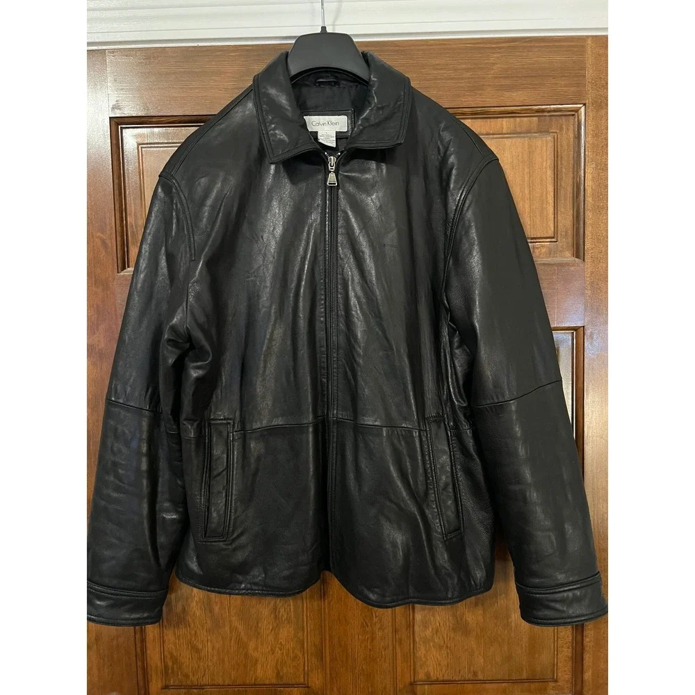 Calvin Klein Mens Black Leather Full‎ Zip Jacket Size Large Point Collar